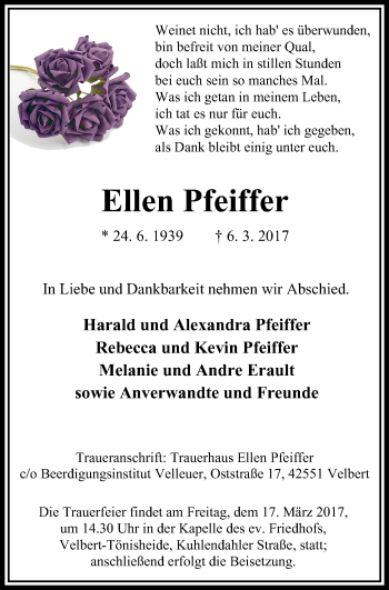 Traueranzeige von Ellen Pfeiffer von Stadtanzeiger Velbert + Heiligenhaus