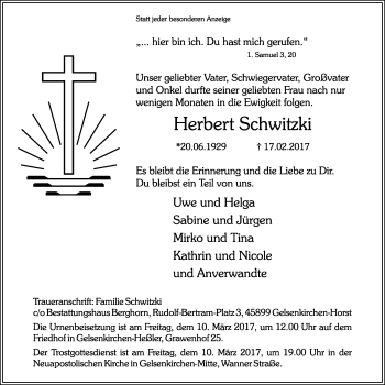 Traueranzeige von Herbert Schwitzki von Stadtspiegel Gelsenkirchen