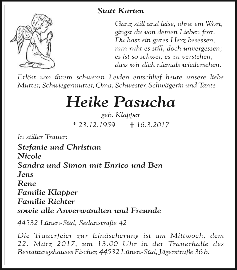  Traueranzeige für Heike Pasucha vom 18.03.2017 aus Lüner Anzeiger