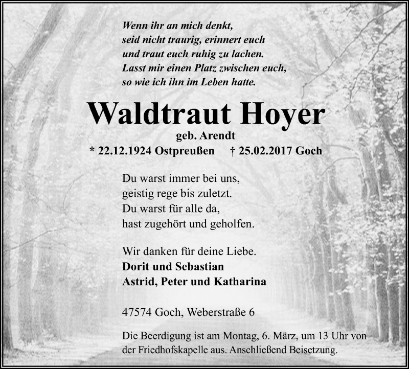  Traueranzeige für Waldtraut Hoyer vom 01.03.2017 aus Gocher Wochenblatt