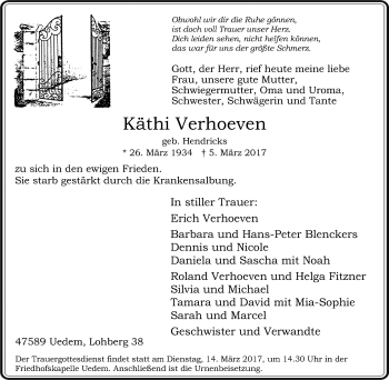 Traueranzeige von Käthi Verhoeven von Gocher Wochenblatt