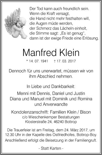 Traueranzeige von Manfred Klein von Stadtspiegel Bottrop