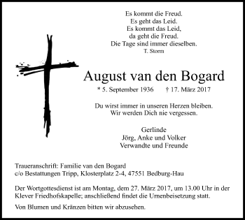 Traueranzeige von August van den Bogard von Klever Wochenblatt