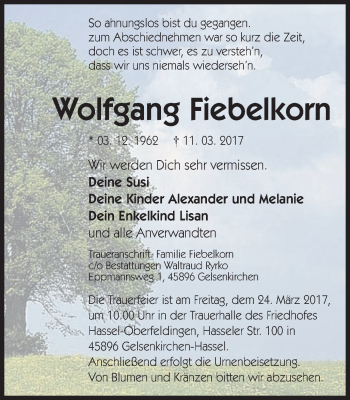 Traueranzeige von Wolfgang Fiebelkorn von Stadtspiegel Gelsenkirchen