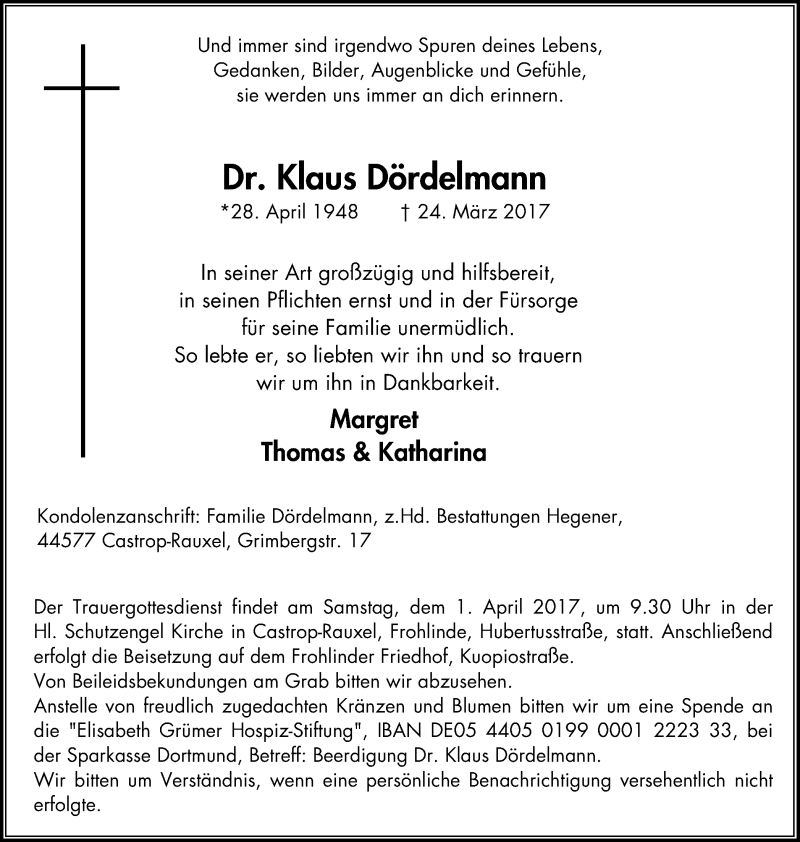  Traueranzeige für Klaus Dördelmann vom 29.03.2017 aus Stadtanz.Castrop-Rauxel