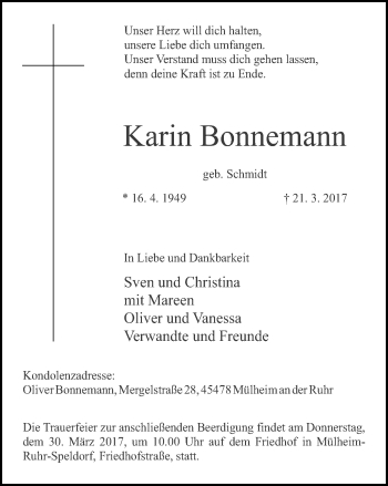 Traueranzeige von Karin Bonnemann von Mülheimer Woche