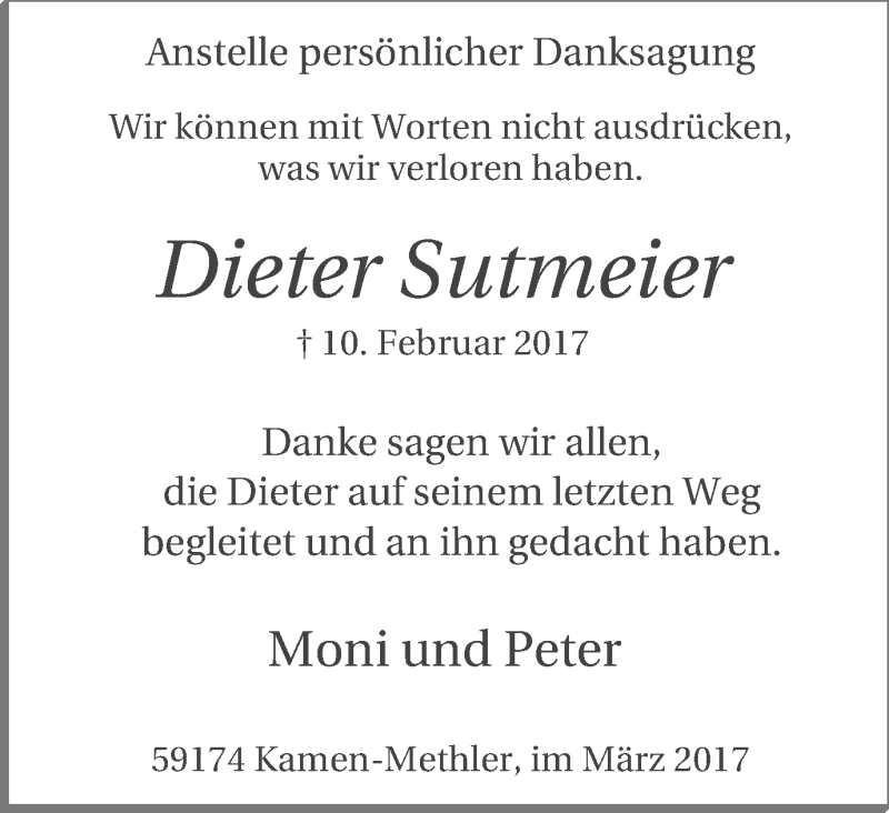  Traueranzeige für Dieter Sutmeier vom 29.03.2017 aus Stadtspiegel Kamen + Unna