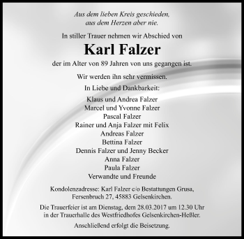 Traueranzeige von Karl Falzer von Stadtspiegel Gelsenkirchen