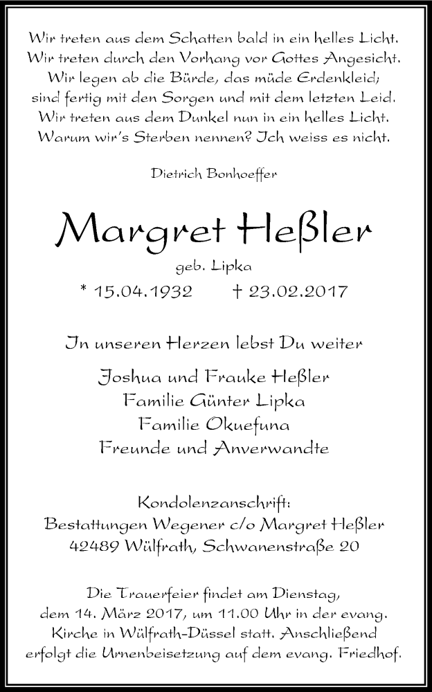  Traueranzeige für Margret Heßler vom 04.03.2017 aus Stadtanzeiger Velbert + Heiligenhaus