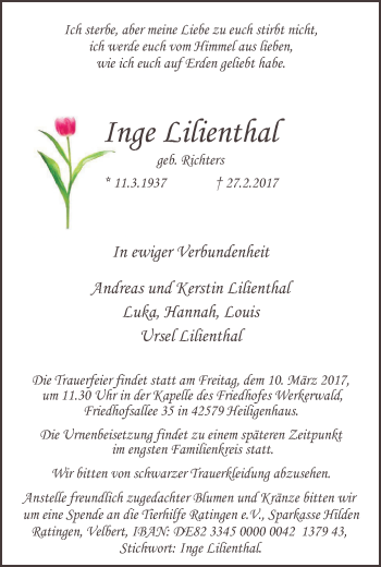 Traueranzeige von Inge Lilienthal von Kettwig Kurier