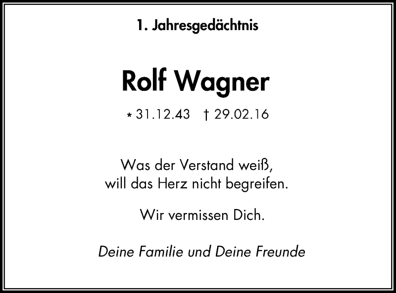  Traueranzeige für Rolf Wagner vom 01.03.2017 aus Mülheimer Woche