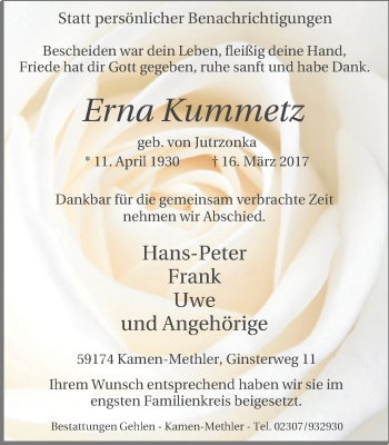 Traueranzeige von Erna Kummetz von Stadtspiegel Kamen + Unna