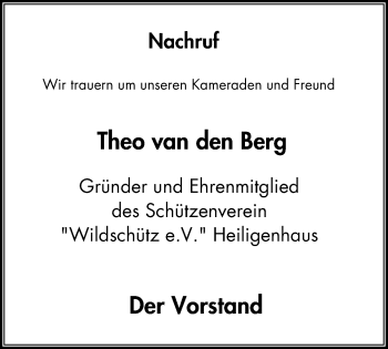 Traueranzeige von Theo Van den Berg von Stadtanzeiger Velbert + Heiligenhaus