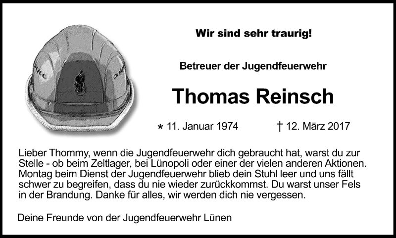  Traueranzeige für Thomas Reinsch vom 18.03.2017 aus Lüner Anzeiger