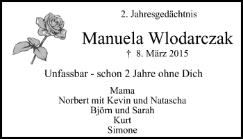 Traueranzeige von Manuela Wlodarczak von Mülheimer Woche