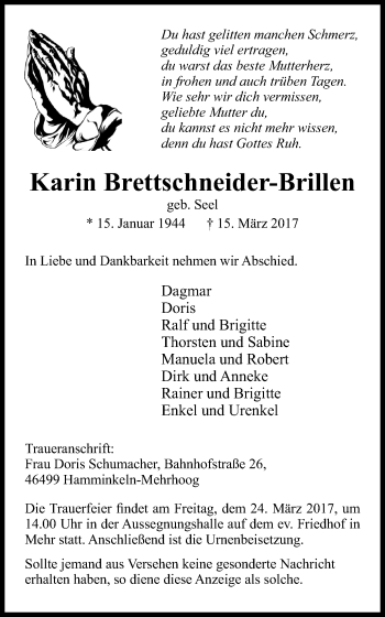 Traueranzeige von Karin Brettschneider-Brillen von Stadtanzeiger Emmerich/Rees/Isselburg