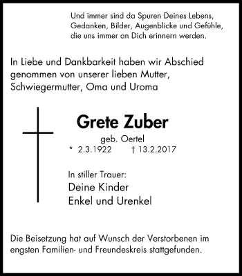 Traueranzeige von Grete Zuber von Stadtspiegel Bottrop