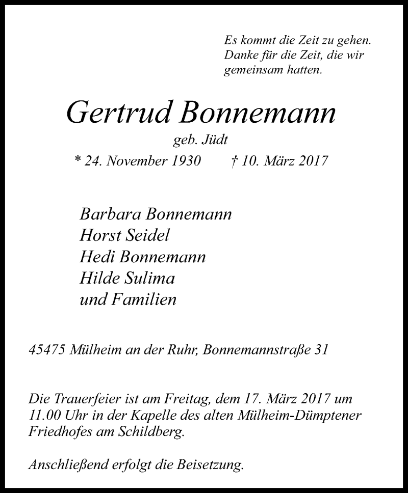  Traueranzeige für Gertrud Bonnemann vom 15.03.2017 aus Mülheimer Woche
