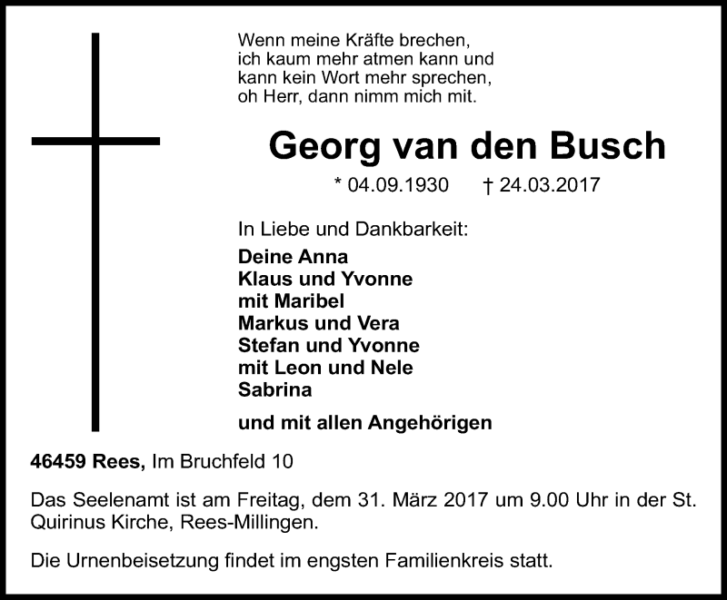  Traueranzeige für Georg van den Busch vom 29.03.2017 aus Stadtanzeiger Emmerich/Rees/Isselburg
