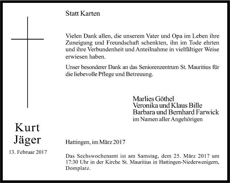  Traueranzeige für Kurt Jäger vom 18.03.2017 aus Ruhr Kurier