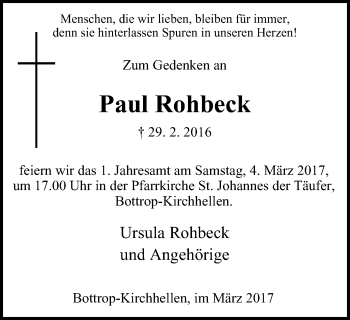 Traueranzeige von Paul Rohbeck von Stadtspiegel Bottrop