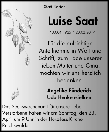 Traueranzeige von Luise Saat von Klever Wochenblatt