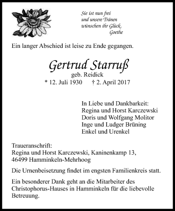 Traueranzeige von Gertrud Starruf von Der Weseler + Der Xantener