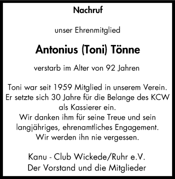 Traueranzeige von Antonius Tönne von Stadtspiegel Menden + Froendenberg
