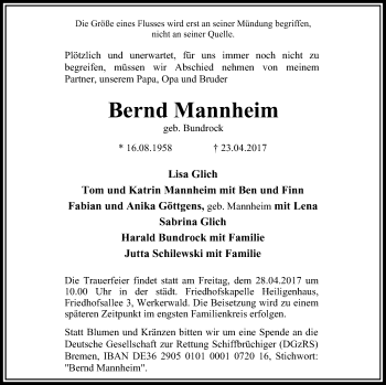 Traueranzeige von Bernd Mannheim von Stadtanzeiger Velbert + Heiligenhaus