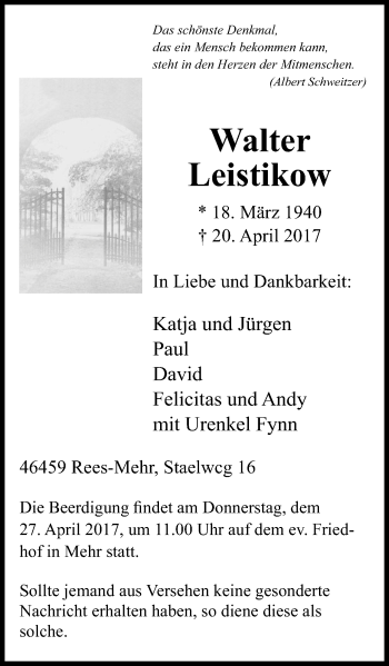 Traueranzeige von Walter Leistikow von Stadtanzeiger Emmerich/Rees/Isselburg