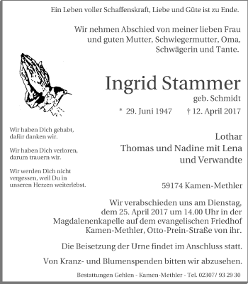 Traueranzeige von Ingrid Stammer von Stadtspiegel Kamen + Unna