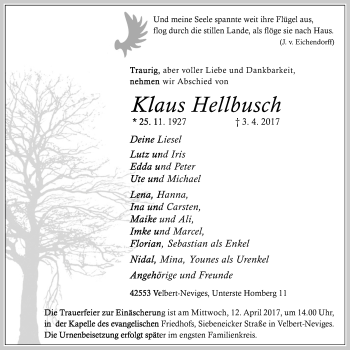Traueranzeige von Klaus Hellbusch von Stadtanzeiger Velbert + Heiligenhaus