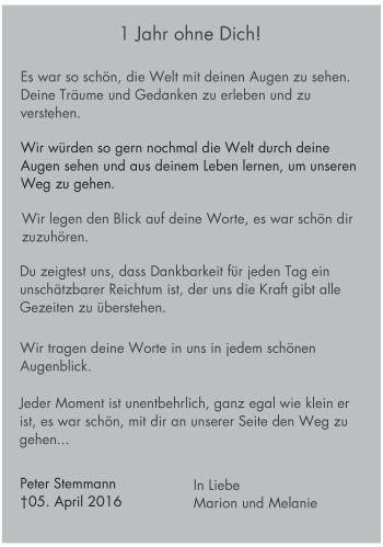 Traueranzeige von Peter Stemmann von Stadtspiegel Hattingen/Niedersprockhövel