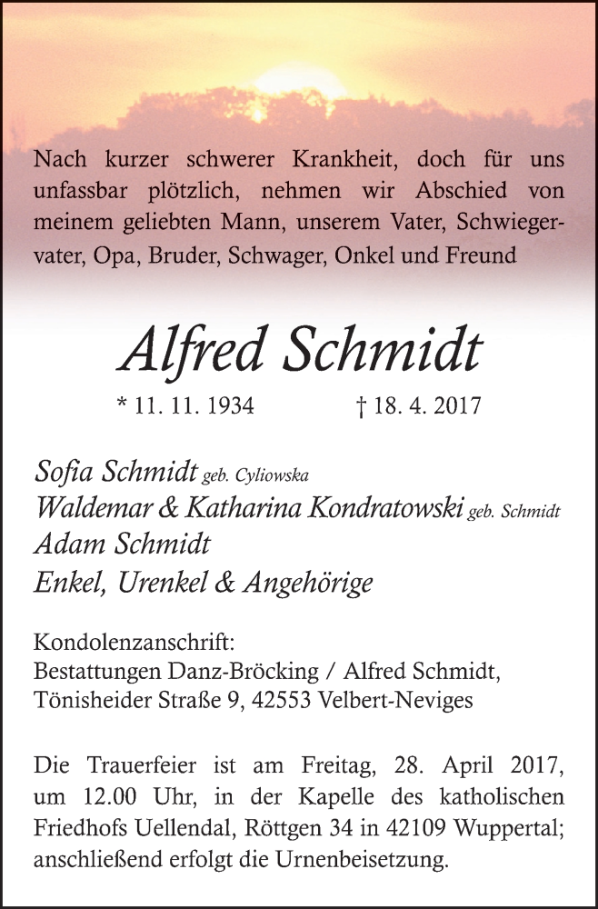  Traueranzeige für Alfred Schmidt vom 22.04.2017 aus Stadtanzeiger Velbert + Heiligenhaus