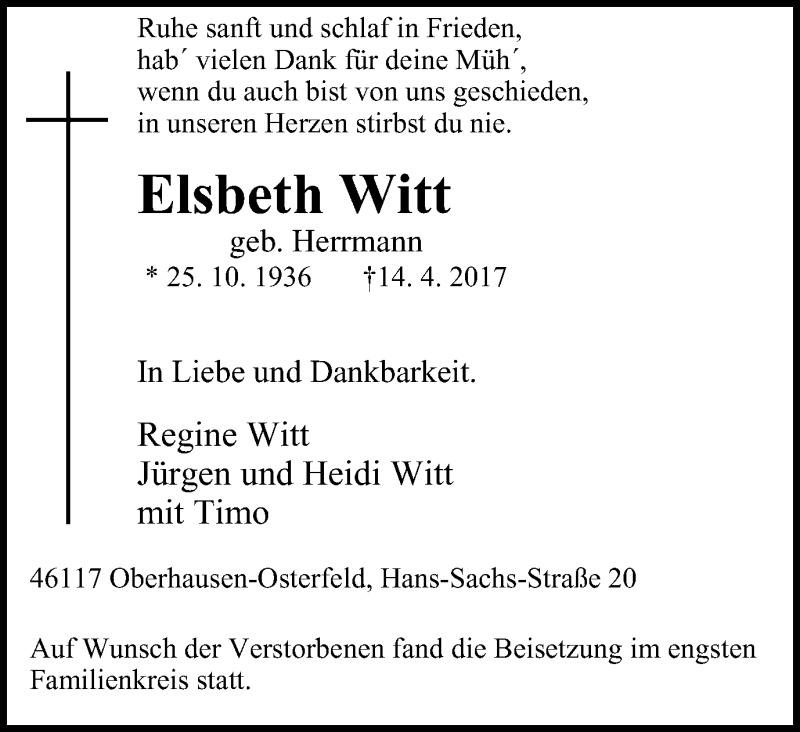  Traueranzeige für Elsbeth Witt vom 22.04.2017 aus Wochen-Anzeiger Oberhausen