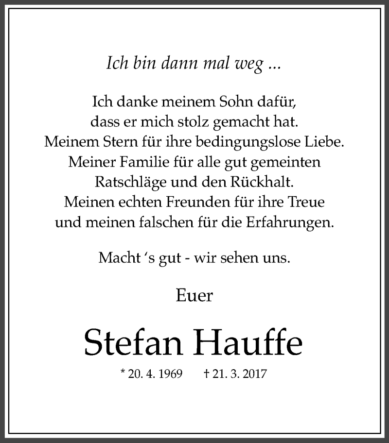  Traueranzeige für Stefan Hauffe vom 01.04.2017 aus Mülheimer Woche
