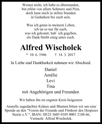 Traueranzeige von Alfred Wischolek von Nord Anzeiger Essen