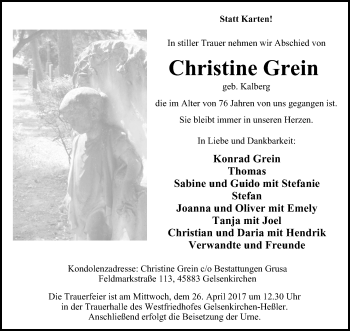 Traueranzeige von Christine Grein von Stadtspiegel Gelsenkirchen