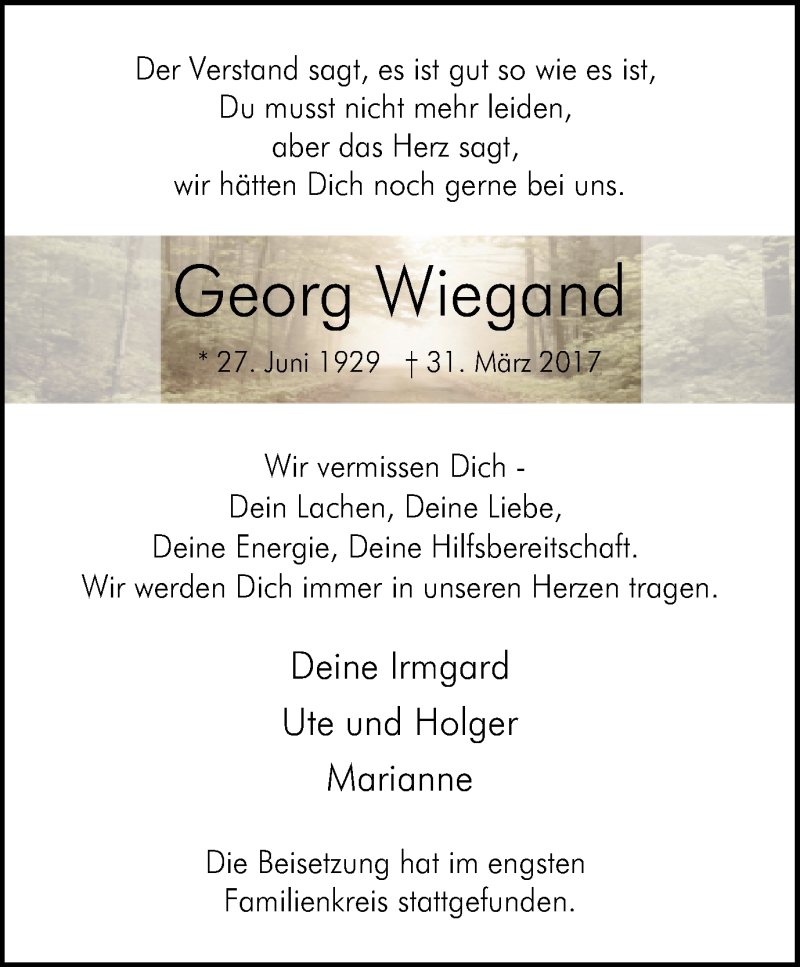  Traueranzeige für Georg Wiegand vom 22.04.2017 aus Stadtspiegel Bottrop