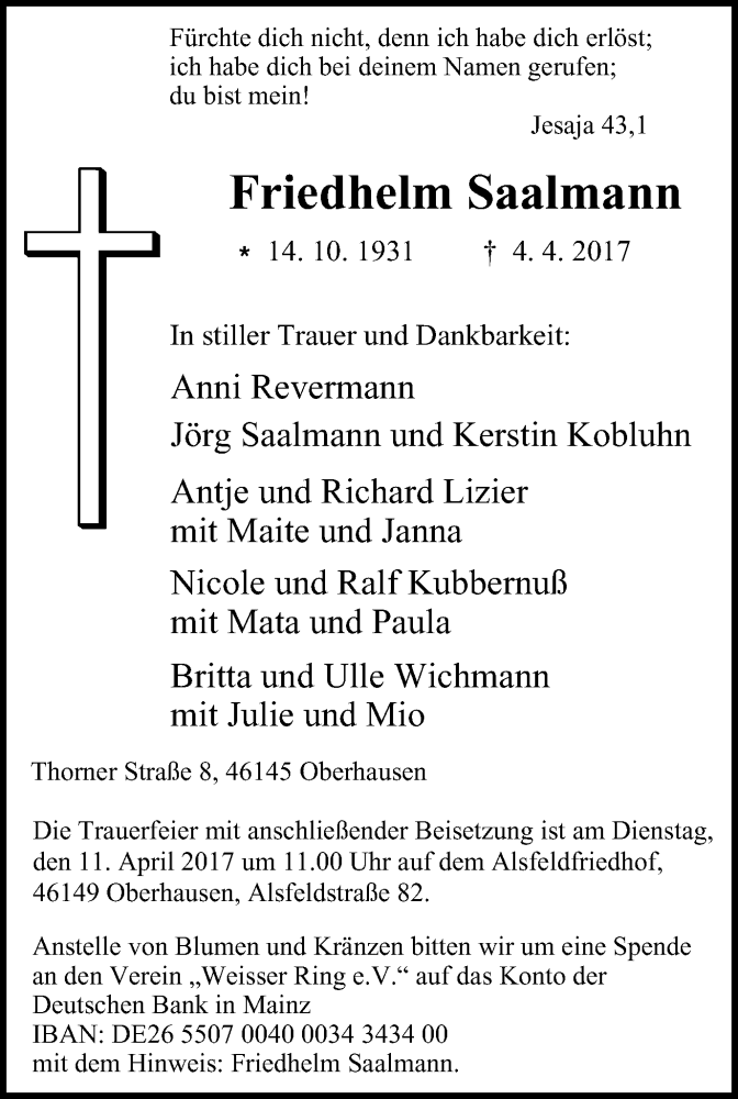  Traueranzeige für Friedhelm Saalmann vom 08.04.2017 aus Wochen-Anzeiger Oberhausen