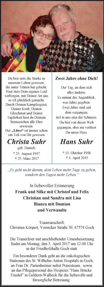 Traueranzeige von Christa und Hans Suhr von Gocher Wochenblatt
