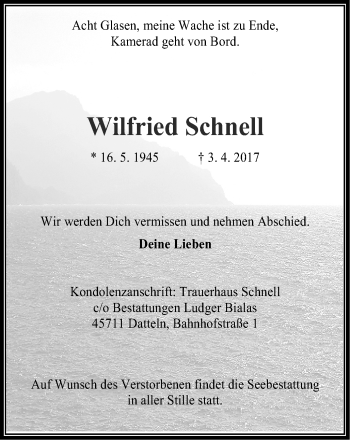 Traueranzeige von Wilfried Schnell von Stadtanz.Castrop-Rauxel