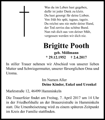 Traueranzeige von Brigitte Pooth von Der Weseler + Der Xantener