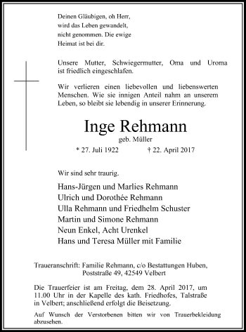 Traueranzeige von Inge Rehmann von Stadtanzeiger Velbert + Heiligenhaus