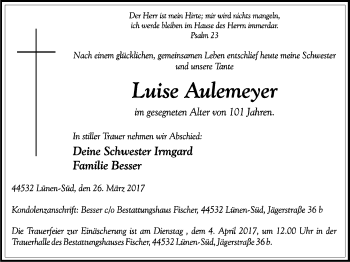 Traueranzeige von Luise Aulemeyer von Lüner Anzeiger