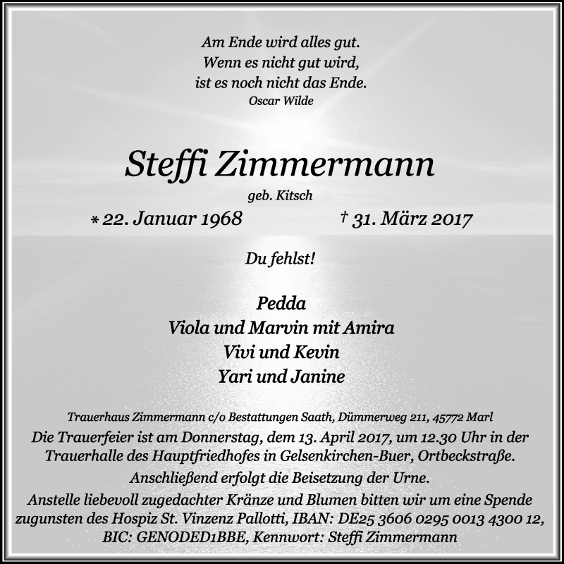 Traueranzeige für Steffi Zimmermann vom 08.04.2017 aus Stadtspiegel Gelsenkirchen