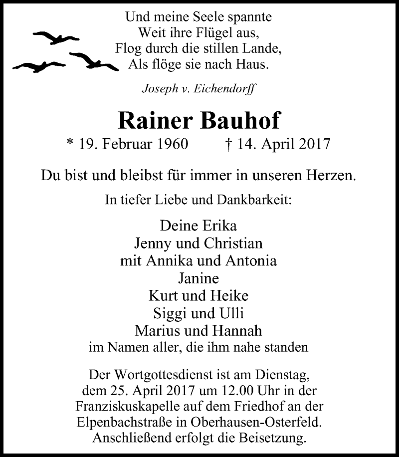 Traueranzeige für Rainer Bauhof vom 22.04.2017 aus Wochen-Anzeiger Oberhausen
