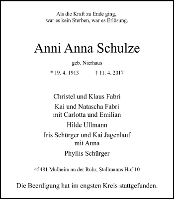 Traueranzeige von Anni Anna Schulze von Mülheimer Woche
