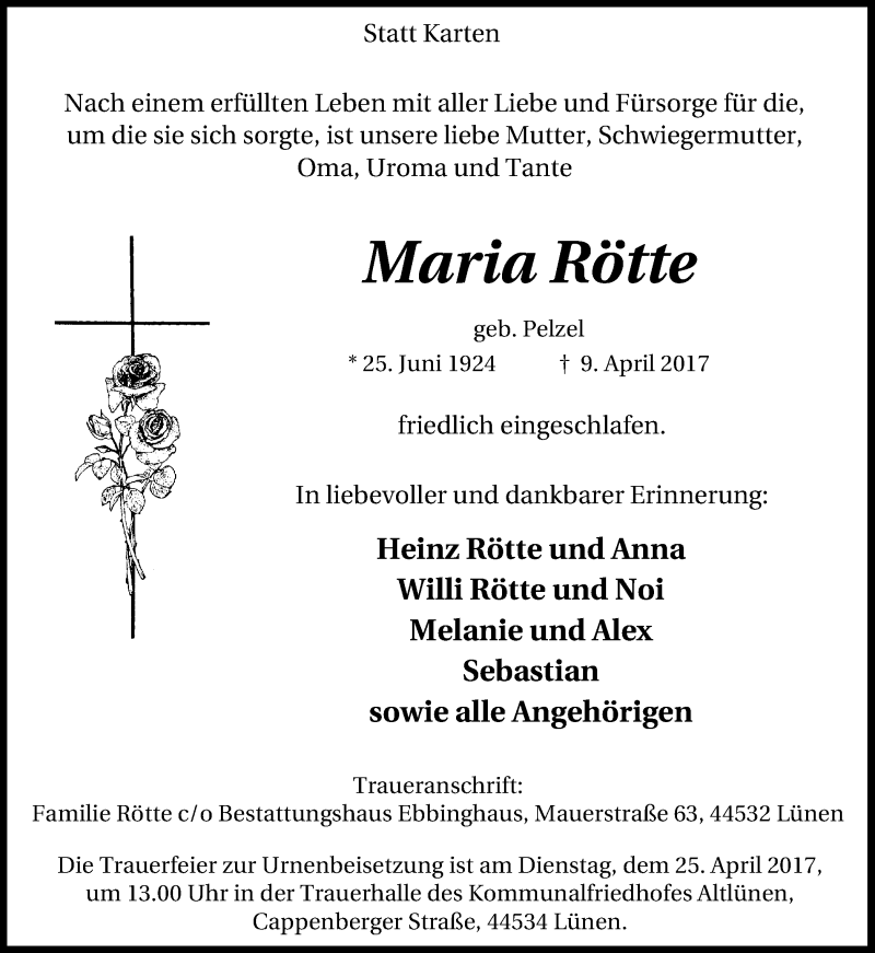  Traueranzeige für Maria Rötte vom 22.04.2017 aus Lüner Anzeiger