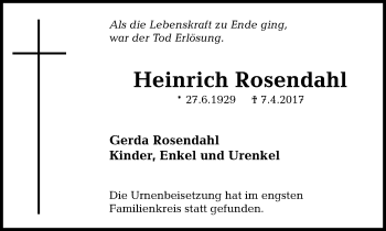 Traueranzeige von Heinrich Rosendahl von Stadtanzeiger Emmerich/Rees/Isselburg